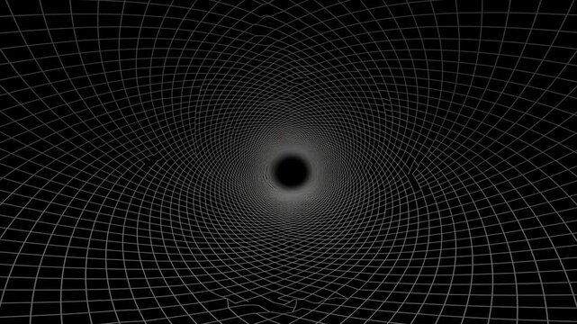 Black hole with glowing ring above curved spacetime grid in dark abstract scene