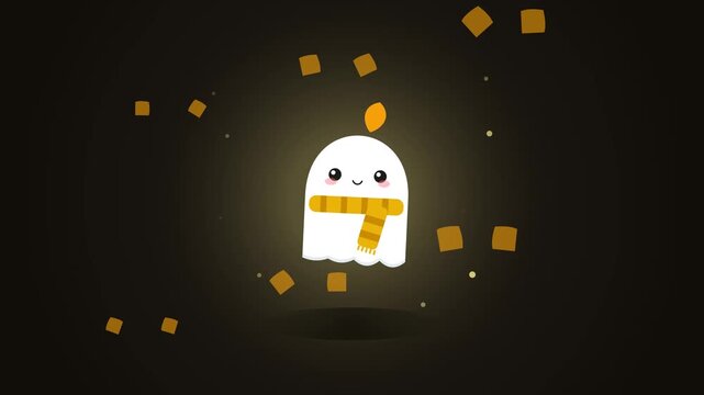 An adorable white ghost character wears a festive orange striped scarf while floating in a dark space This charming Halloween illustration includes soft glowing light and floating square confetti
