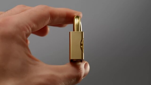 Hand holding a gold padlock against a plain gray background for security concept