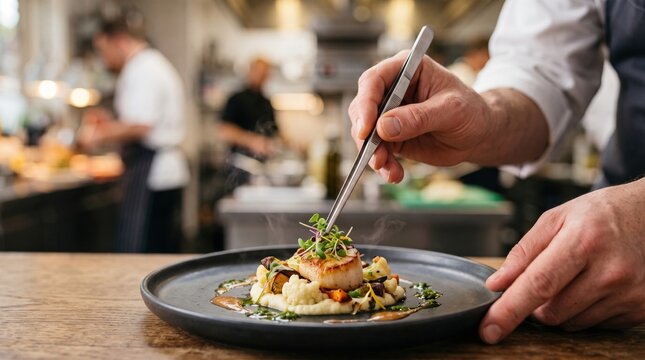 Professional chef meticulously garnishing a gourmet dish with precision and skill in a high-end restaurant kitchen