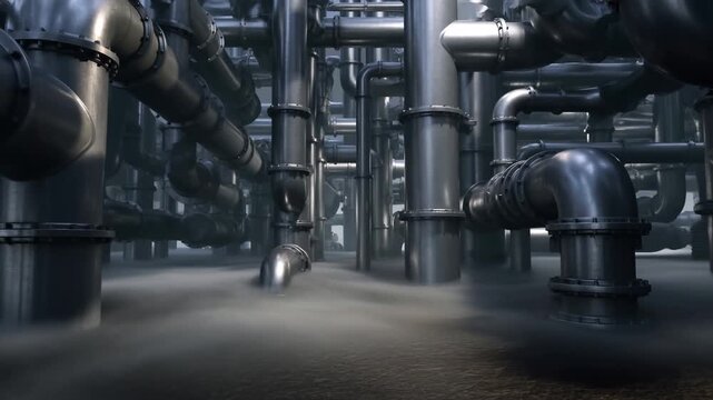 Industrial pipe network inside processing plant surrounded by lowlying steam and mist
