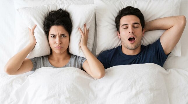 Frustrated Woman Covering Ears While Man Snores in Bed