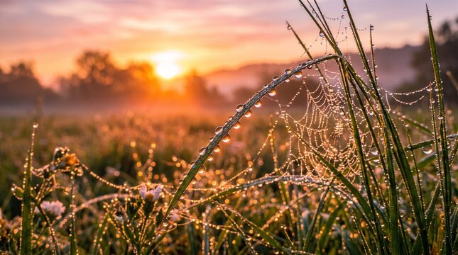 Sunrise dew drops spiderweb grass
