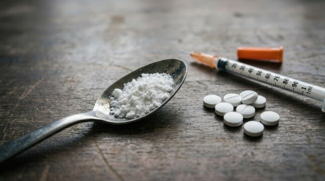 Spoon with Powder and Syringe on Wooden Table