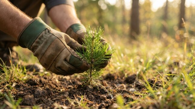 Person Planting Small Pine Tree in Forest