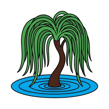 Green weeping willow tree illustration with water ripples