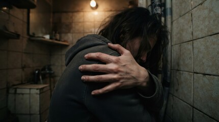 Fototapeta premium Person with Long Hair Embracing Knees in Dimly Lit Room
