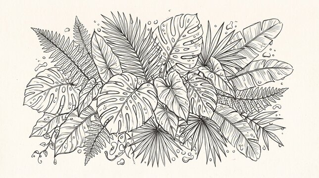 tropical leaves line art