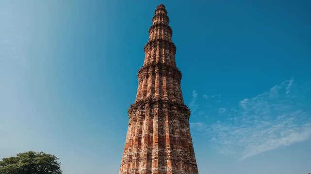 Majestic Qutub Minar Tower in Delhi India Under a Blue Sky.