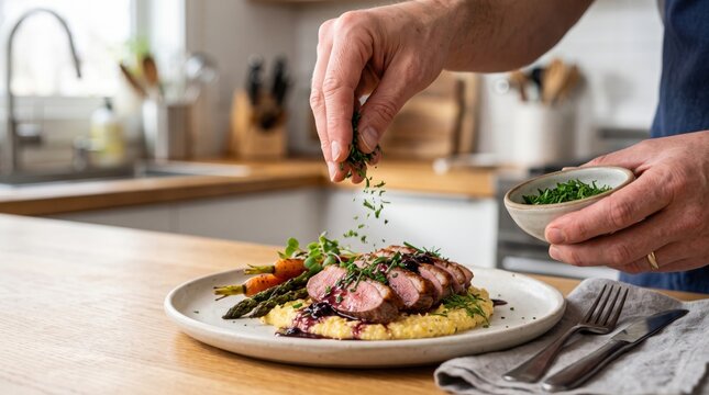 Culinary Artist's Hands Adding Fresh Herbs to a Gourmet Meal, Emphasizing the Finishing Touch on a Delicious Dish in a Modern Kitchen Setting