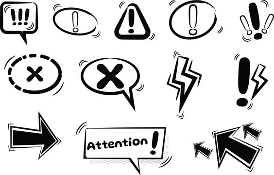 Hand Drawn Comic Speech Bubbles and Exclamation Mark Warning Symbols Collection