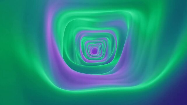Glowing Abstract Rounded Square Tunnel Morphs into a Green and Purple Neon Vortex