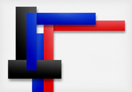 Minimalist abstract art featuring overlapping rectangles in charcoal black, cobalt blue, and crimson red against a plain off-white backdrop, blue, empty, canvas