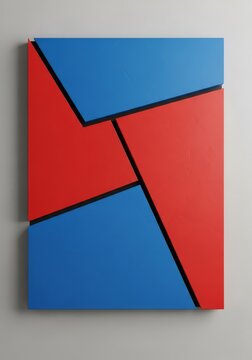 Minimalist abstract art with asymmetrical ultramarine blue and scarlet red geometric shapes divided by thick black lines on a gray surface, shape, contemporary, scarlet