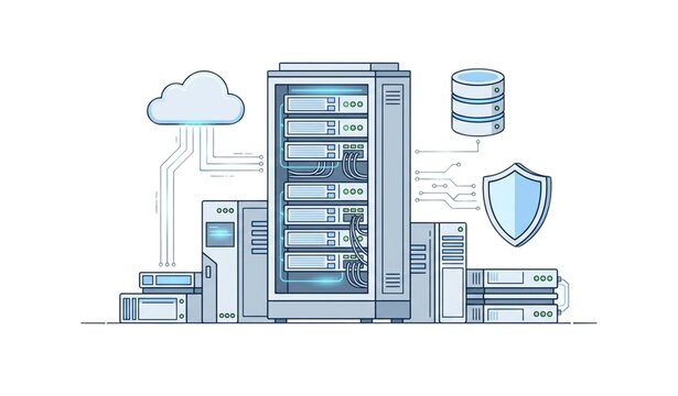 Modern data center server corridor with cloud computing network infrastructure vector illustration