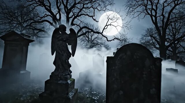 月光下の墓地に立つ悲しげな彫像と墓石.