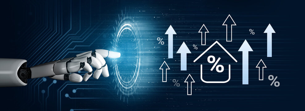 A futuristic robotic hand points towards a digital display featuring rising arrows and percentage symbols, symbolizing growth in finance and technology sectors. Gantry