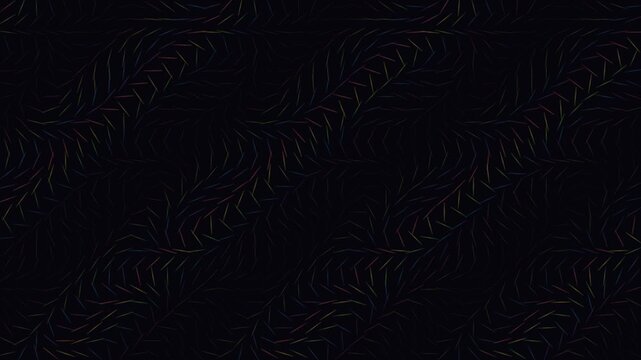 A dark looping background with intricate multicolored line patterns overlaying an abstract maze