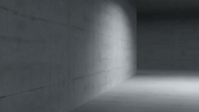 Empty concrete corridor recedes into shadow in stark modern underground interior
