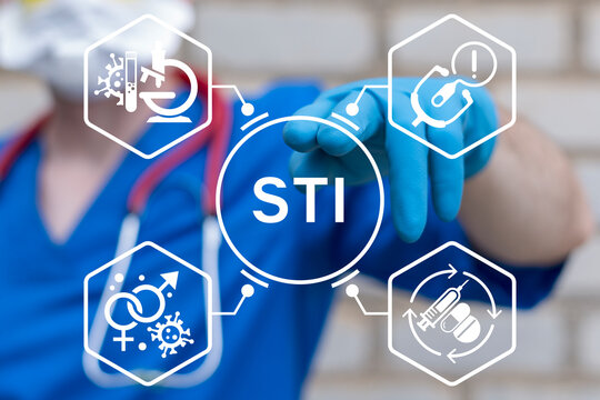 Doctor using virtual touchscreen presses the text STI. Concept of STI Sexually Transmitted Infections. Sexual Health. STD virus information for sexual health awareness.