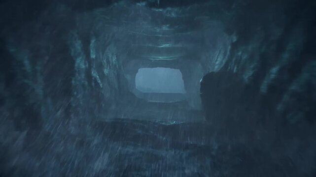Dark tunnel entrance glowing with blue light in rainy shadowy surroundings