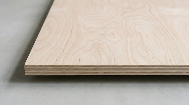 Side Profile of Light Plywood Sheet Showing Layered Veneer Edge and Grain Texture on Grey Surface