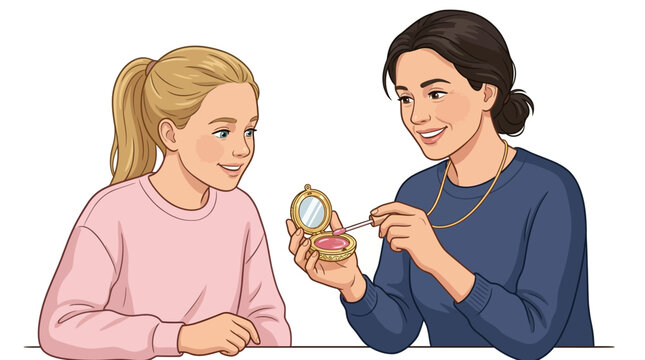 Mother and daughter bonding over makeup application with a gold compact mirror in a clean vector illustration