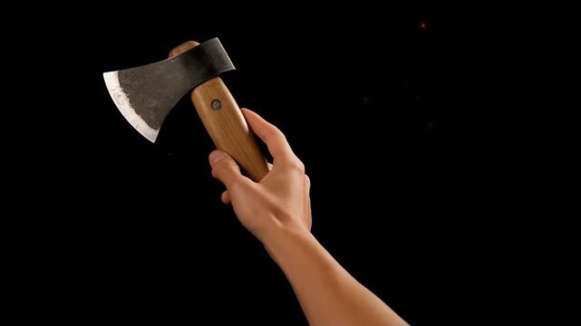 Hand holding a woodenhandled axe against a black background in closeup