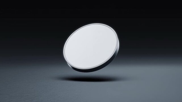 Gray circular disk suspended above dark floor with soft shadow in minimal scene