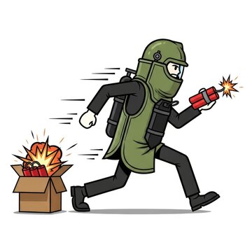 Cartoon bomb disposal expert running away.