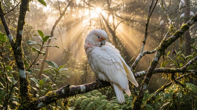 White cockatoo perched on mossy branch in sunlit forest