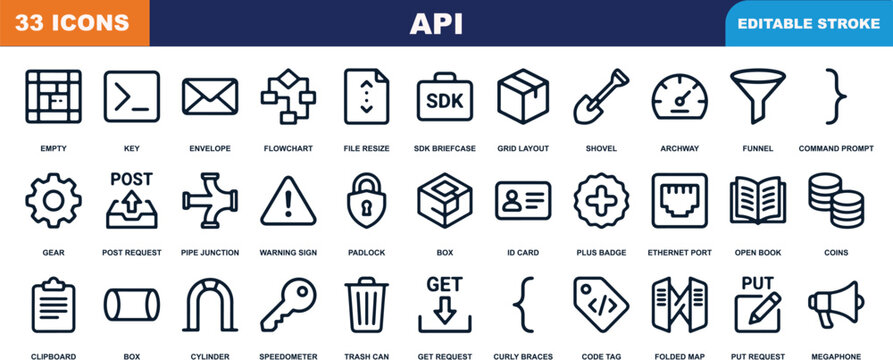 Collection of thirty three api and software development vector icons displaying programming code database elements and tech tools with editable stroke