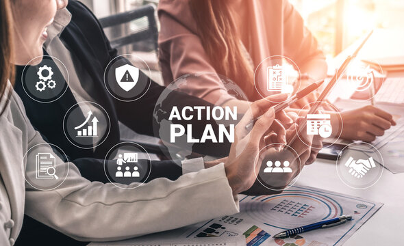 Professionals engage in action planning and strategy development, collaborating on projects and utilizing modern tools to enhance office productivity and achieve goals. Ledger