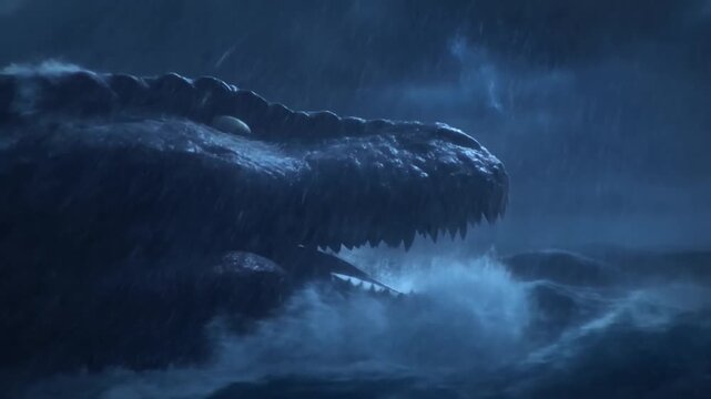 Crocodile emerges with open jaws through stormy water as rain falls and lightning flashes