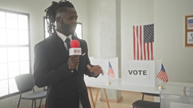 Man in suit holds red microphone, points finger to vote sign at polling station building; patriotic civic duty.