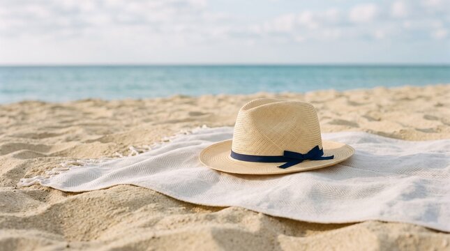 Straw fedora hat with navy blue ribbon resting on a white patterned towel on a sandy beach with ocean in background