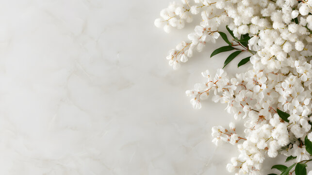 Acacia blooms against a white marble backdrop, intricate spring floral arrangements with elegant botanical branches, soft and delicate floral patterns, a touch of minimalist luxury, natural design, fr
