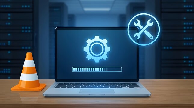 Laptop computer displaying software update progress bar and gear icon with wrench and screwdriver symbol server room background