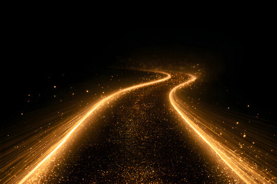 A golden, luminous road stretching ahead, illuminated by sparkling particles, symbolizing success, a journey, and the future