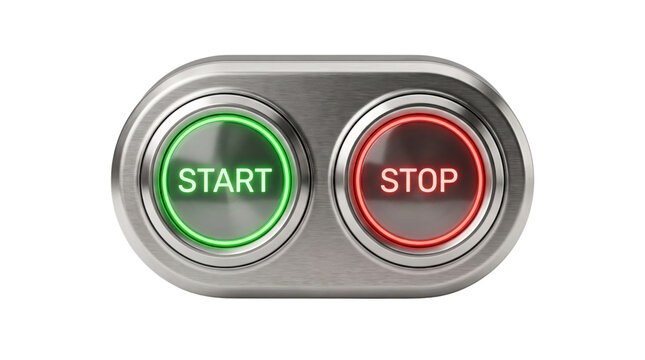 Industrial start and stop buttons in brushed metal housing, green and red illuminated control switches, metallic push button interface for machinery