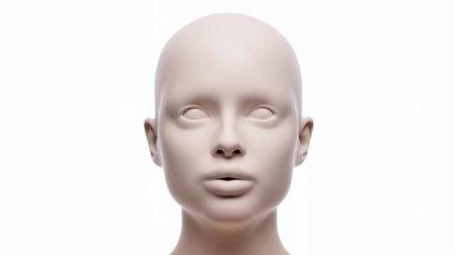Human mannequin head facing forward against a white background in a static portrait