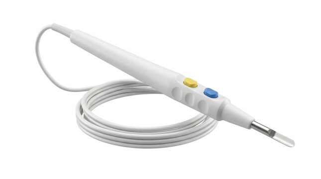 Electrosurgical pencil with yellow and blue buttons, medical cautery tool for surgery, sterile electrosurgery handpiece on white background