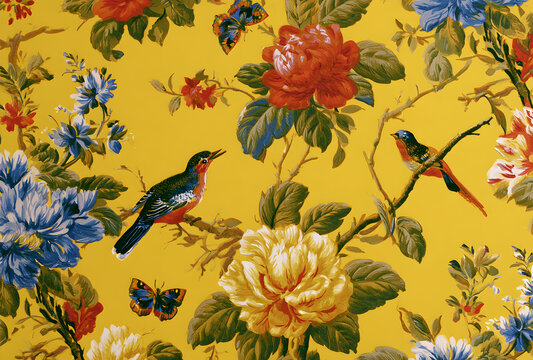 Vintage wallpaper boasts a yellow hue with intricate designs of birds and butterflies.