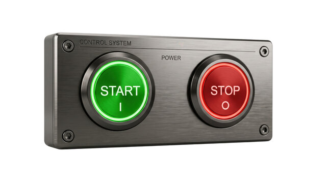 Industrial control system panel with glowing green start and red stop buttons, brushed metal power switch interface, machinery operation console