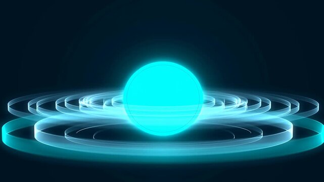 Glowing blue circular disc with luminous rings against a dark futuristic background