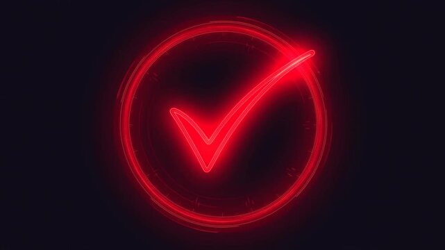 Red check mark inside glowing circle on dark background representing approval and success