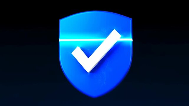 Blue shield with glowing check mark on dark background representing digital security