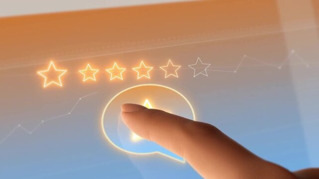 Glowing fivestar rating speech bubble with hand in colorful digital background