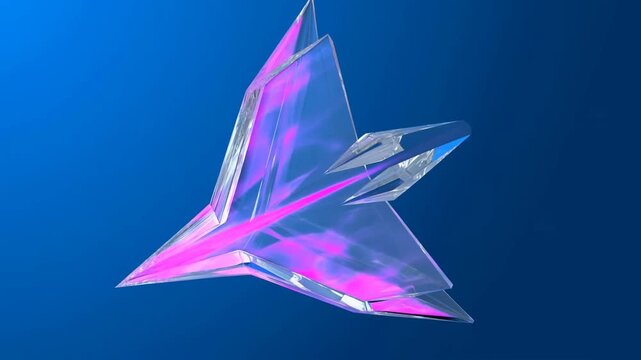 Geometric origami bird shape with pink highlights on a blue abstract background