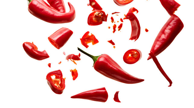 Isolated bright red chili pepper fragments and crunchy spicy slices, dynamically dispersed.